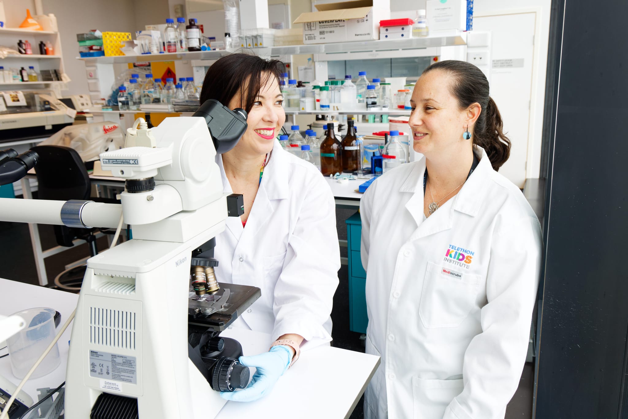 Associate Professor Raelene Endersby and Dr Jessica Buck in the WA Kids Cancer Centre lab